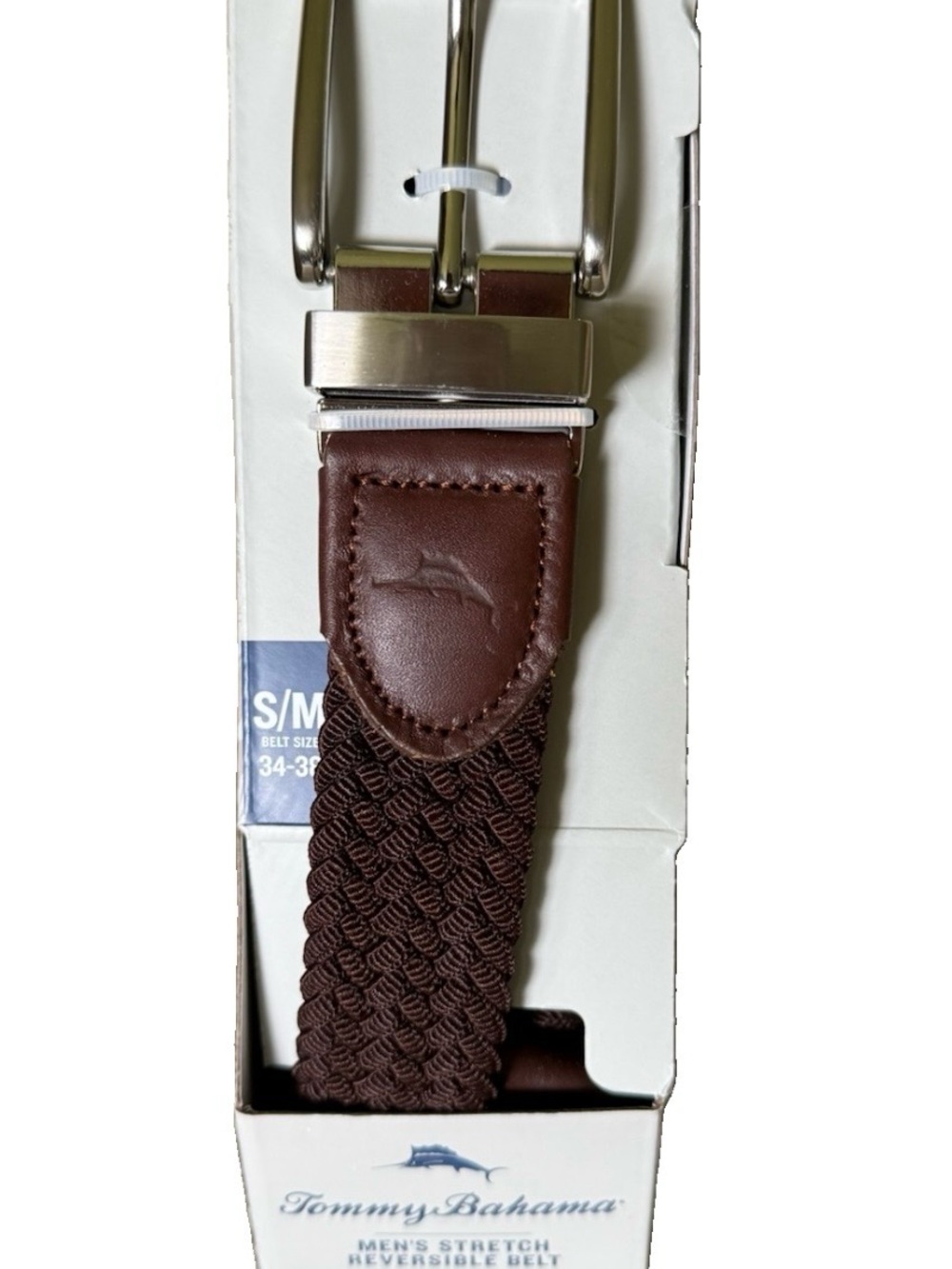 NEW Tommy Bahama Brown Woven Stretch Reversible Belt Brown/Navy Silver Buckle